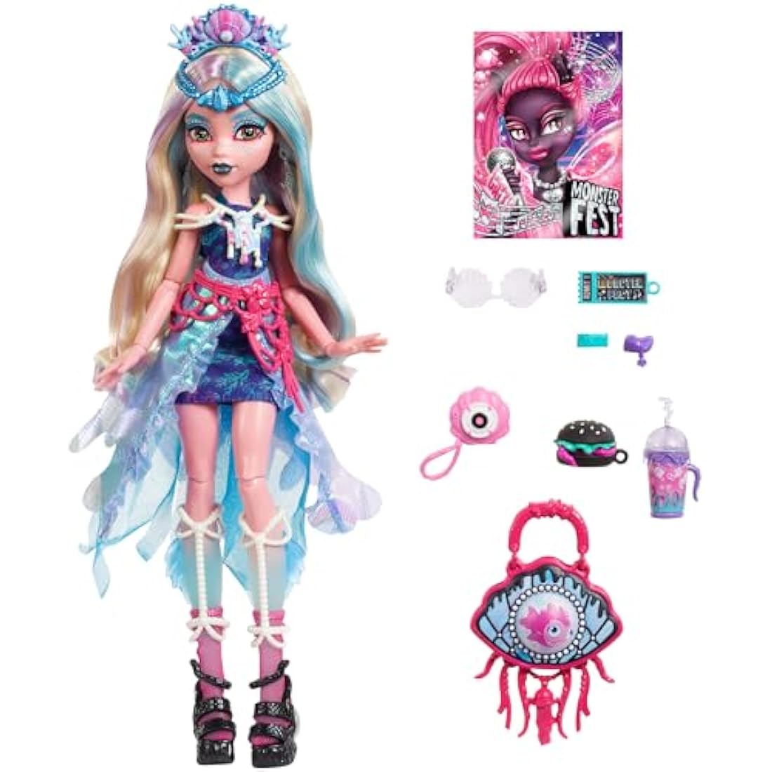 Monster High Monster Fest Doll, Lagoona Blue with Glam Outfit & Festival Themed Accessories like Snacks, Band Poster, Statement Bag & More, HXH82