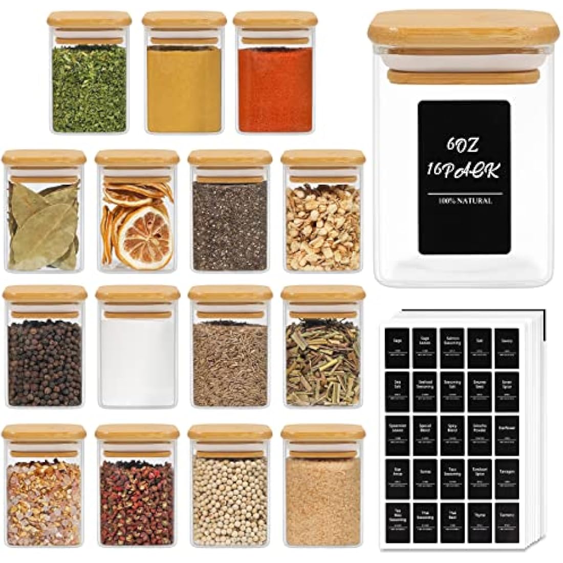 ComSaf 16 Pcs Glass Spice Jars with Bamboo Lids, 6oz/180ml Square Glass Storage Jars with 275 Black Lables, Airtight Spice Jars with Lids, Glass Container for Spice, Salt, Sugar, Seeds, Nuts etc