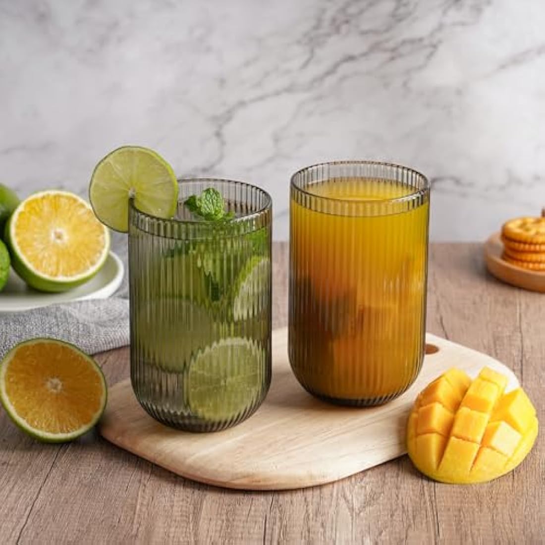 TKNO 6X 410ml Ribbed Highball Glasses Tall Hi Ball Glass Water Gin Juice Cocktail Drinking Glassware Origami Style Fluted Ripple Beverage Tumblers Set, Ideal for Home, Restaurant, Events & Parties