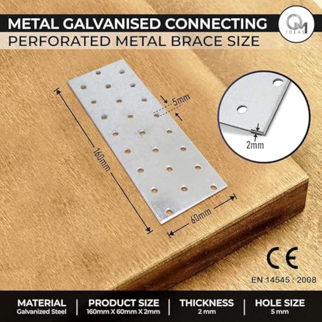 OMIDEAS 10 x Flat Joining Plates (160 x 60 x 2) Connecting Perforated Metal Brace Bracket Timber Wood Fixing Galvanised Steel Repair Connector