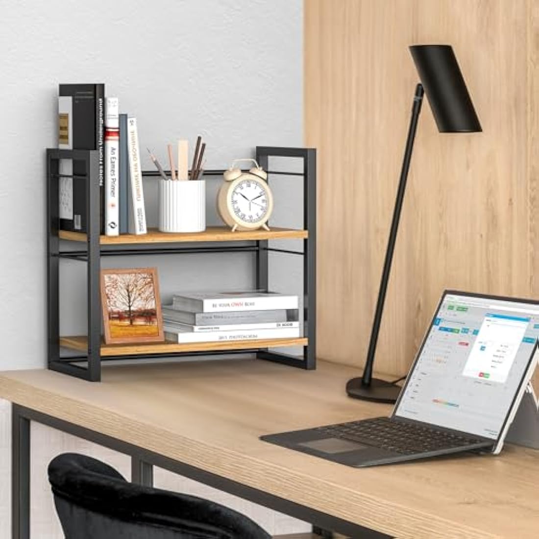 THYGIFTREE Office Desk Shelf Organizer, Wood Desktop Bookshelf Supplies Storage Rack, Shelf for Top of Desk and Dresser (Black)
