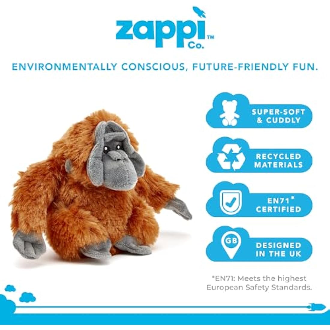 Zappi Co 100% Recycled Plush Orangutan Toy (22cm Width) Stuffed Soft Cuddly Eco Friendly animals Collection For New Born Child First kid