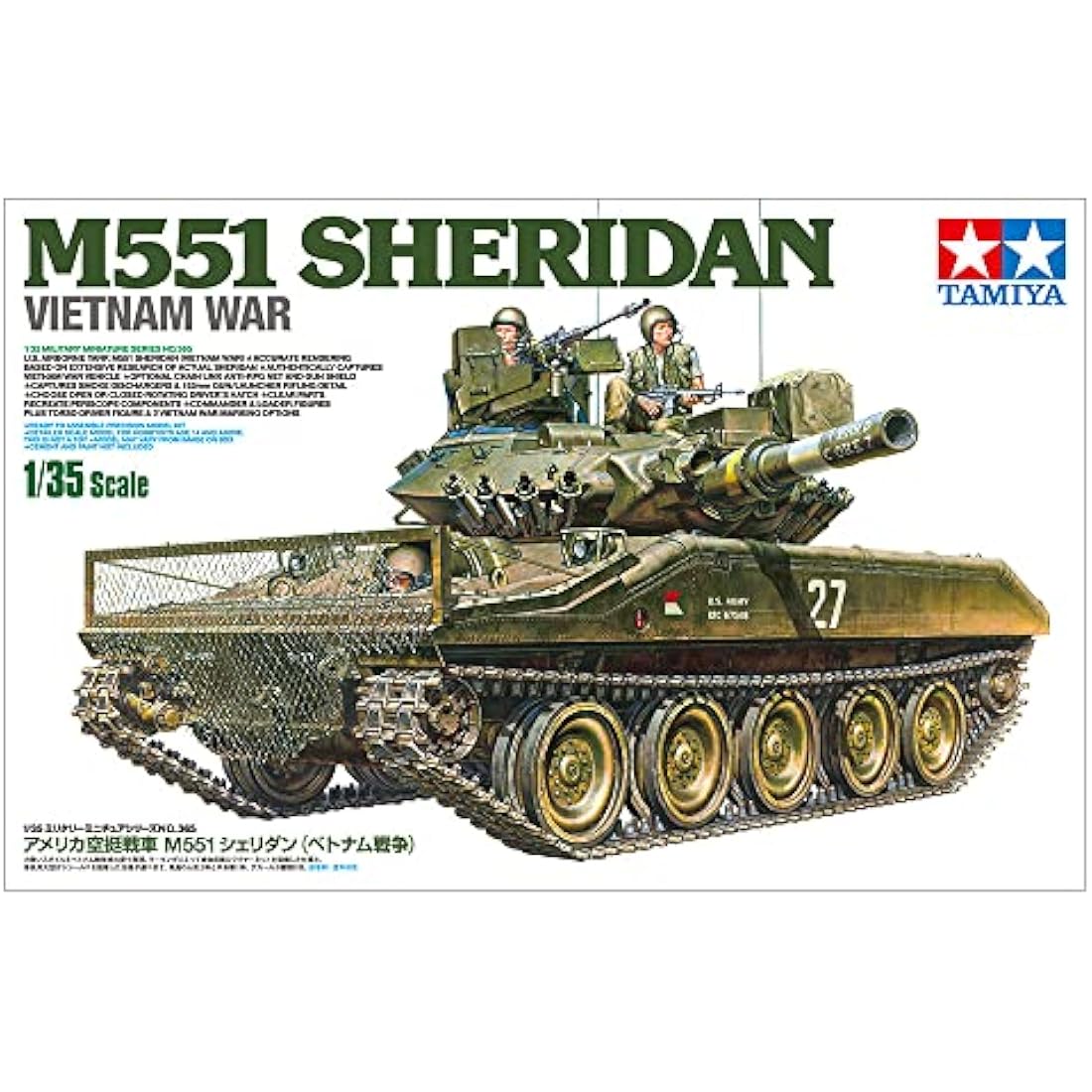 Tamiya TAM35365 Militär 35365-1:35 US M551 Sheridan Vietnam, Model Building, Plastic Construction kit, Unvarnished, Green