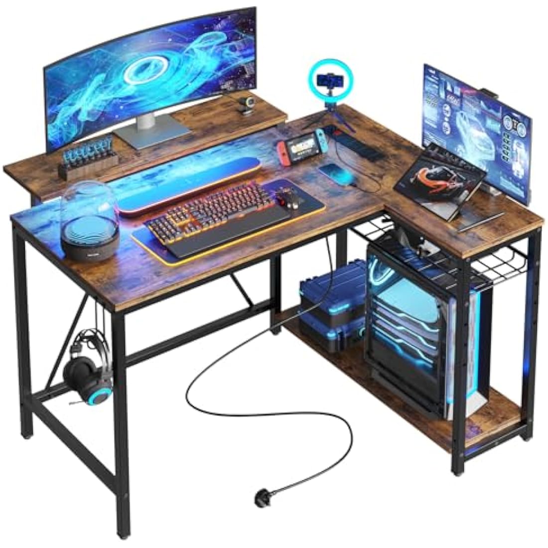 Bestier 106.5CM L-Shaped Desk with 3 Power Outlets, 2 USB Ports & LED Strip Lights, Reversible Corner Workstation with Shelves & Hooks for Office & Gaming