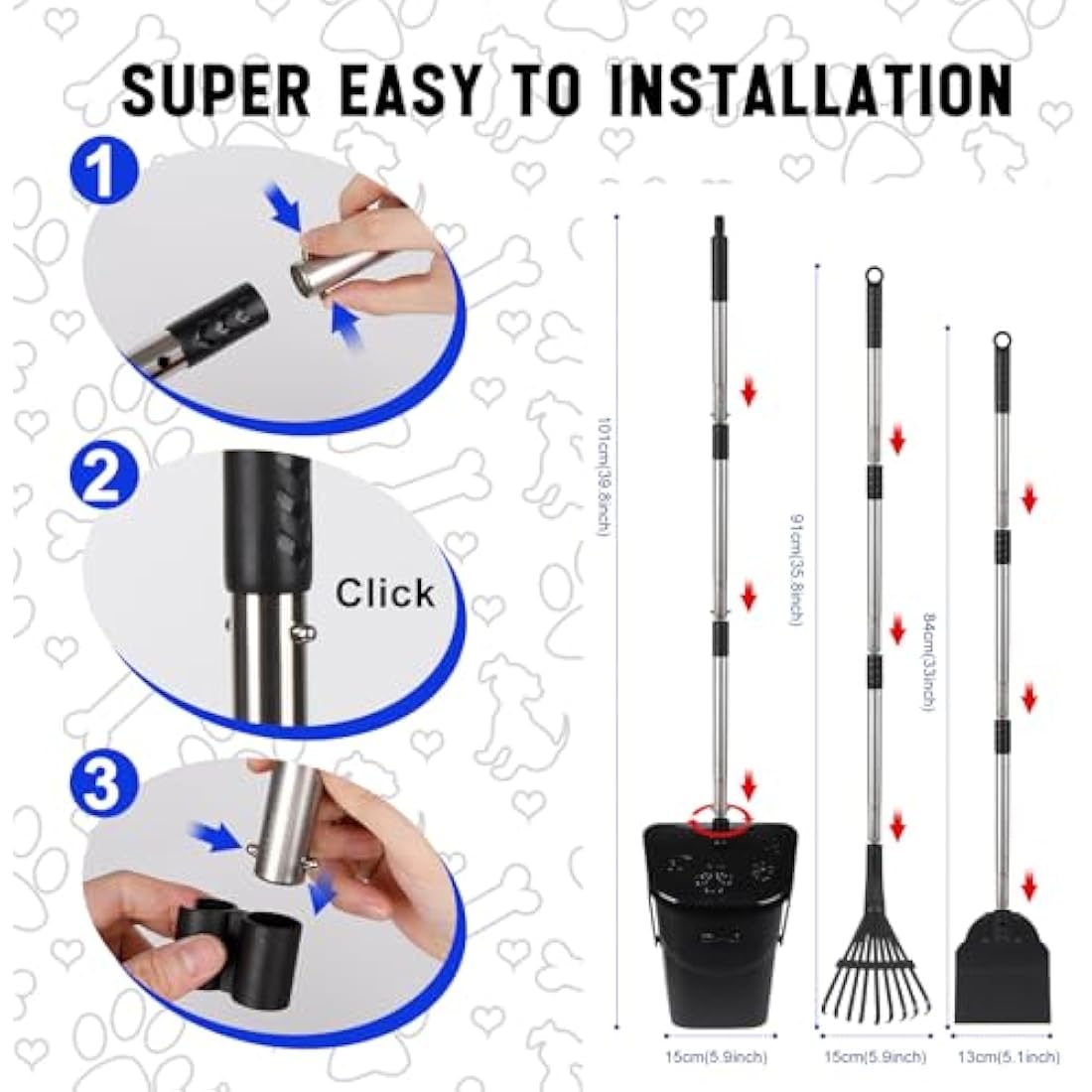YGNNXRN Dog Poop Scooper with 20 Bag Attachment Long Handle Swivel Bin, Rake & Spade Heavy Duty Easy to Clean Pooper Scooper for Large Medium Dogs Pet Waste Removal Solution for Yard, Grass, Gravel