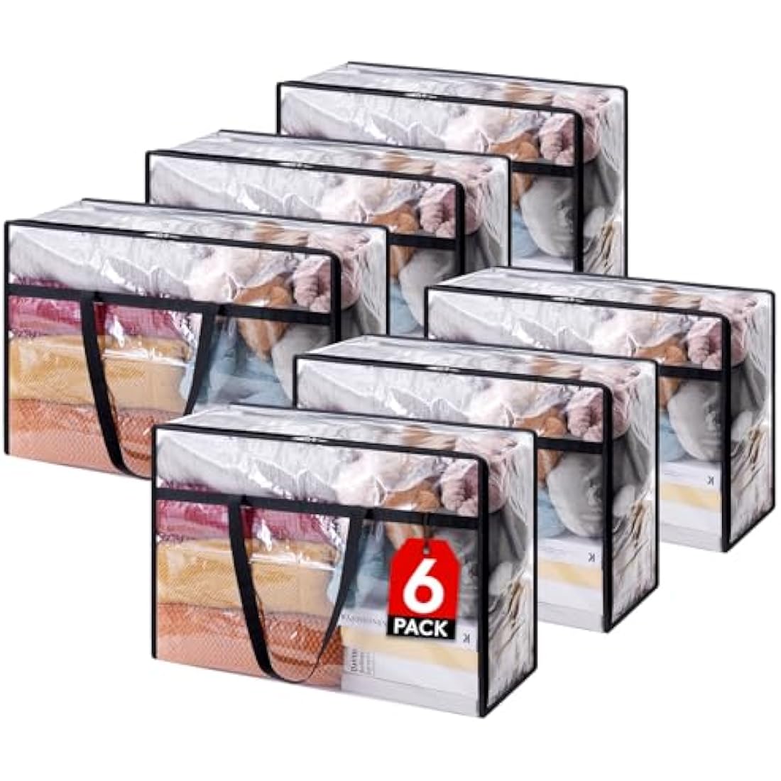 Lifewit 6 Pack Clear Plastic Storage Bags, 60L Foldable Clothes Storage Boxes Wardrobe Storage Organizer Moving Bags with Reinforced Handle for Loft Wardrobe for Bedding Clothes Blanket Duvet
