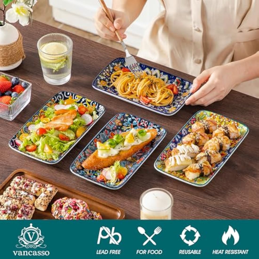 vancasso SIMI Serving Platter, 8.5 in Small Serving Dishes, Porcelain Rectangle Serving Plates Set of 6, Dishwasher and Microwave Safe, Sushi Platters for Party