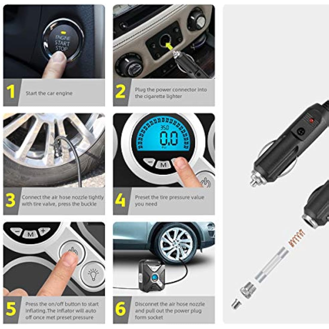 WindGallop Car Tyre Inflator Air Compressor Tyre Pump 12V Electric Car Air Pump for Car Tyres Bike Tyres with Digital Tyre Pressure Gauge and Inflator Valve Adaptors LED Light
