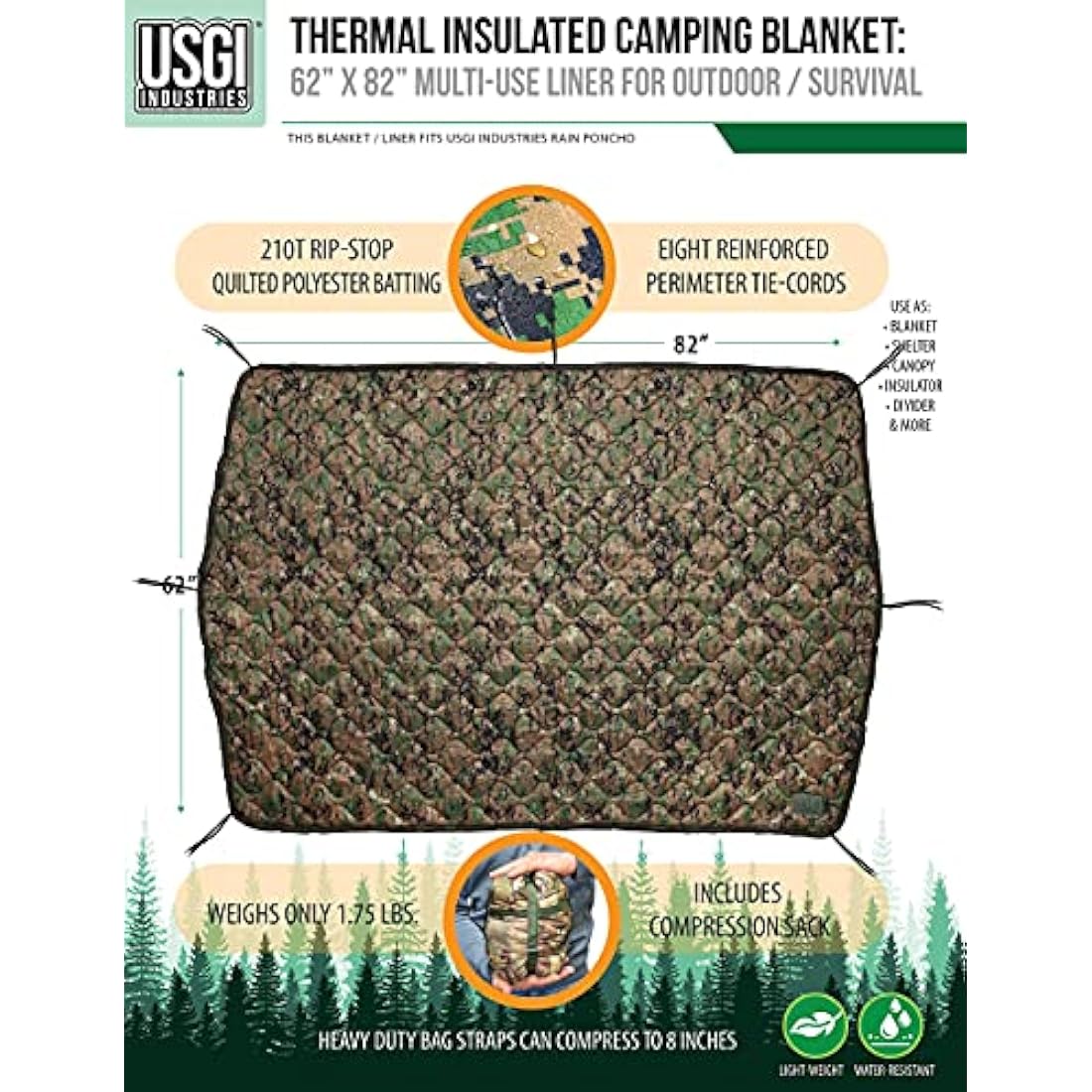 USGI Industries Military Woobie Blanket | Thermal Insulated Camping Blanket, Poncho Liner | Large, Portable, Water-Resistant, for Hiking, Outdoor, Survival, Comes with Compression Carry Bag (Marpat)