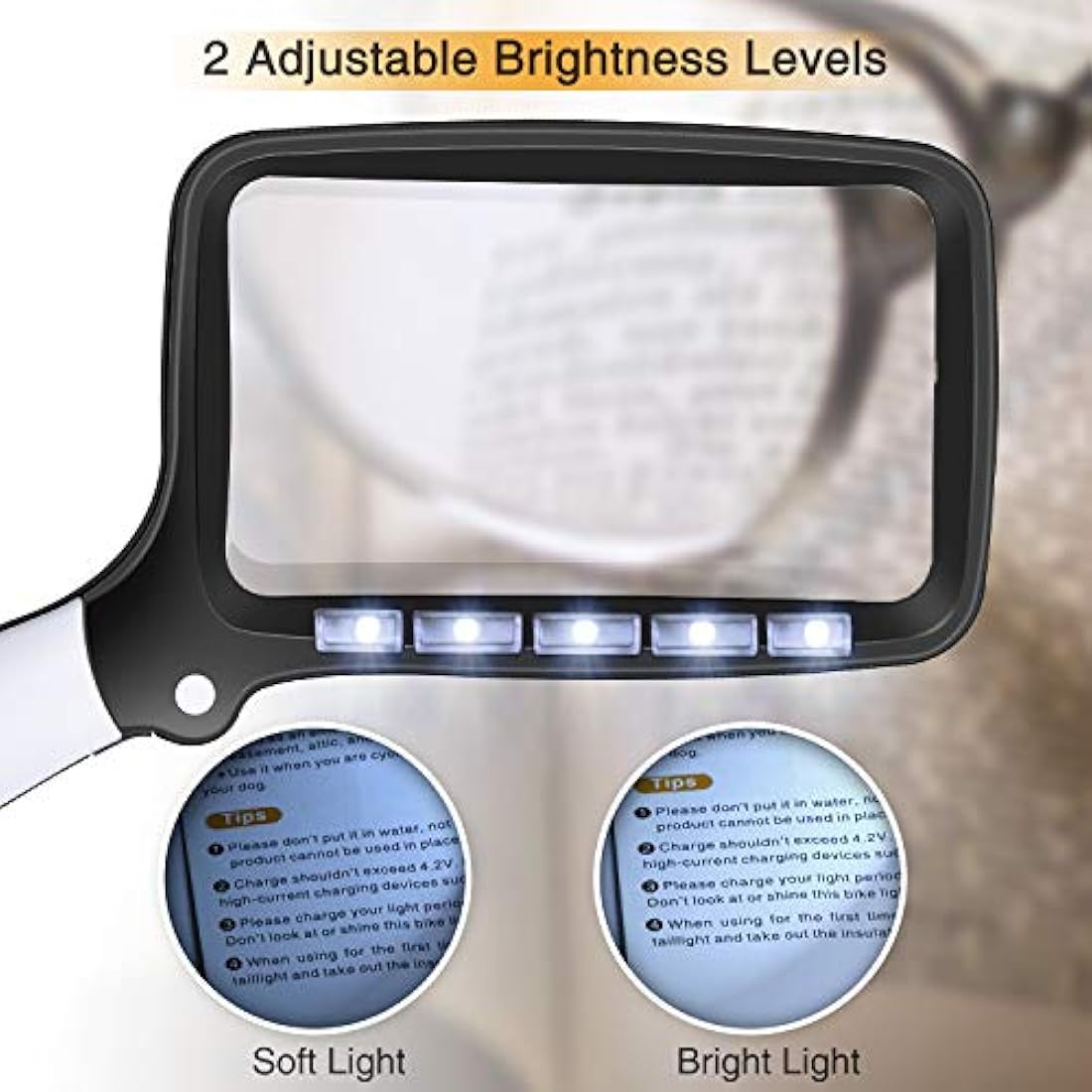 Kaome Rectangular Magnifying Glass with Light Magnifier Large Foldable Handheld 5 LED, 2 Dimming Modes, 2X Magnifying Reading for Seniors Low Vision Books Pages Magazines Newspapers Maps Jewelry
