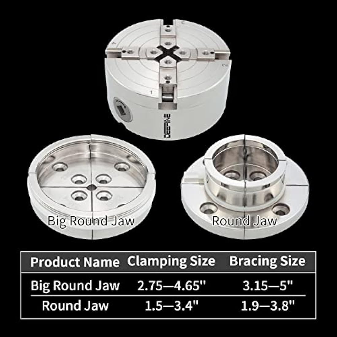 DEEFIINE 4 Inch Wood Lathe Chuck Set 1" x 8 tpi Thread & 3/4" x16TPI Adapter, Nickel Plated Self Centering 4 Jaw Wood Turning Chuck Set (2PCS Jaws)