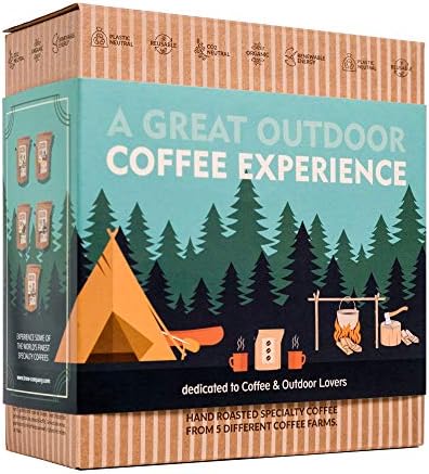 Outdoor Coffee Gift Set for Men & Women - 5 of The World's Finest Single Estate Specialty & Organic Coffees | Brew & Enjoy Anytime, Anywhere | Camping & Traveller Themed Assortment Box for Him & Her