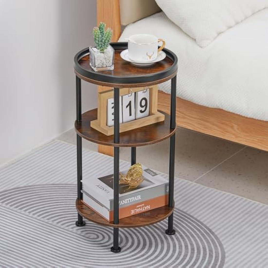 YEAKOO Nordic End Table, 3-Tier 30cm Round Side Table with Storage Shelf Edge Protection Tray, Sturdy Metal Frame Coffee Table Bedside Table for Living Room Bedroom Small Spaces-Rustic Brown