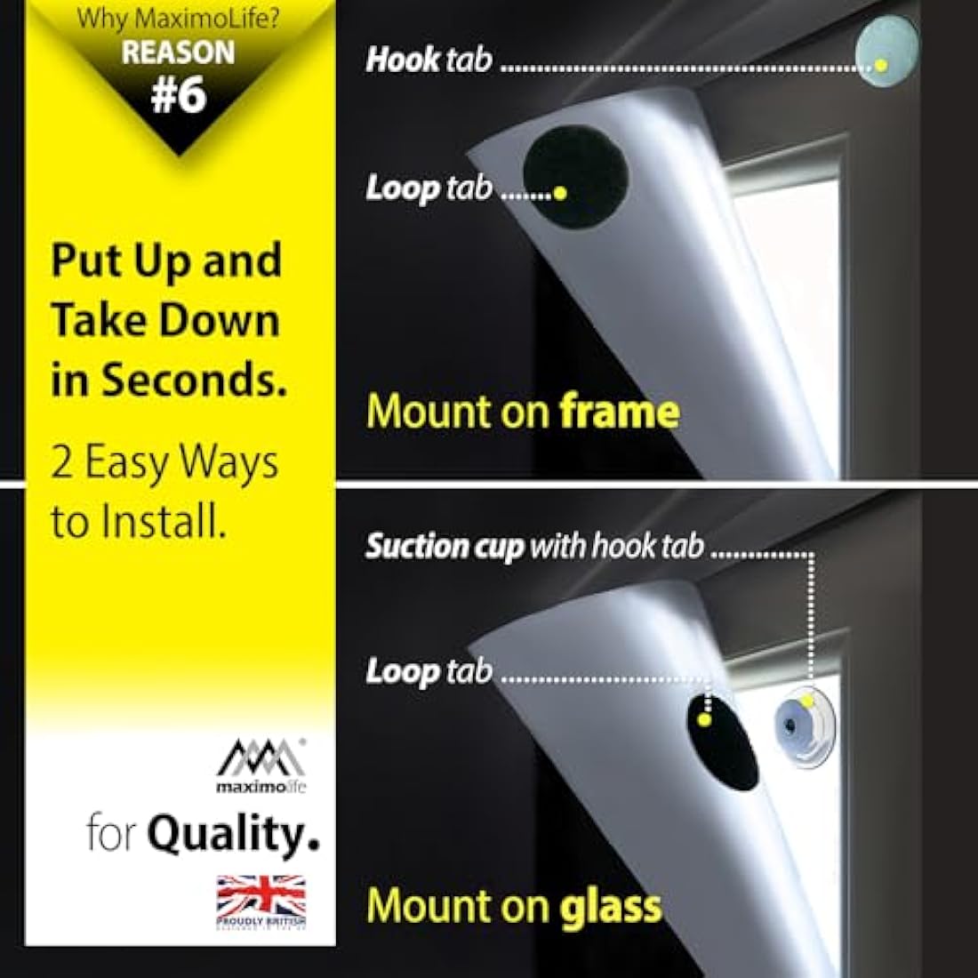 MaximoLife® Ultimate 100% Blackout Blind | Fits Any Size/Shape Window | Unique Cutting Guide Easier Cut-to-Size | Super Strong Suction Cups | Heat & Cold Resistant Hook & Loop | No Drill Stick On