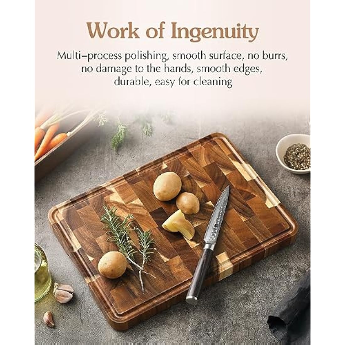 XINZUO Acacia Wood Cutting Board for Kitchen End Grain (13.8''L x 9.8''W x 1''T)-Wooden Chopping Board Meat Cutting Board with Non-Slip Feet, Side Handles and Juice Groove