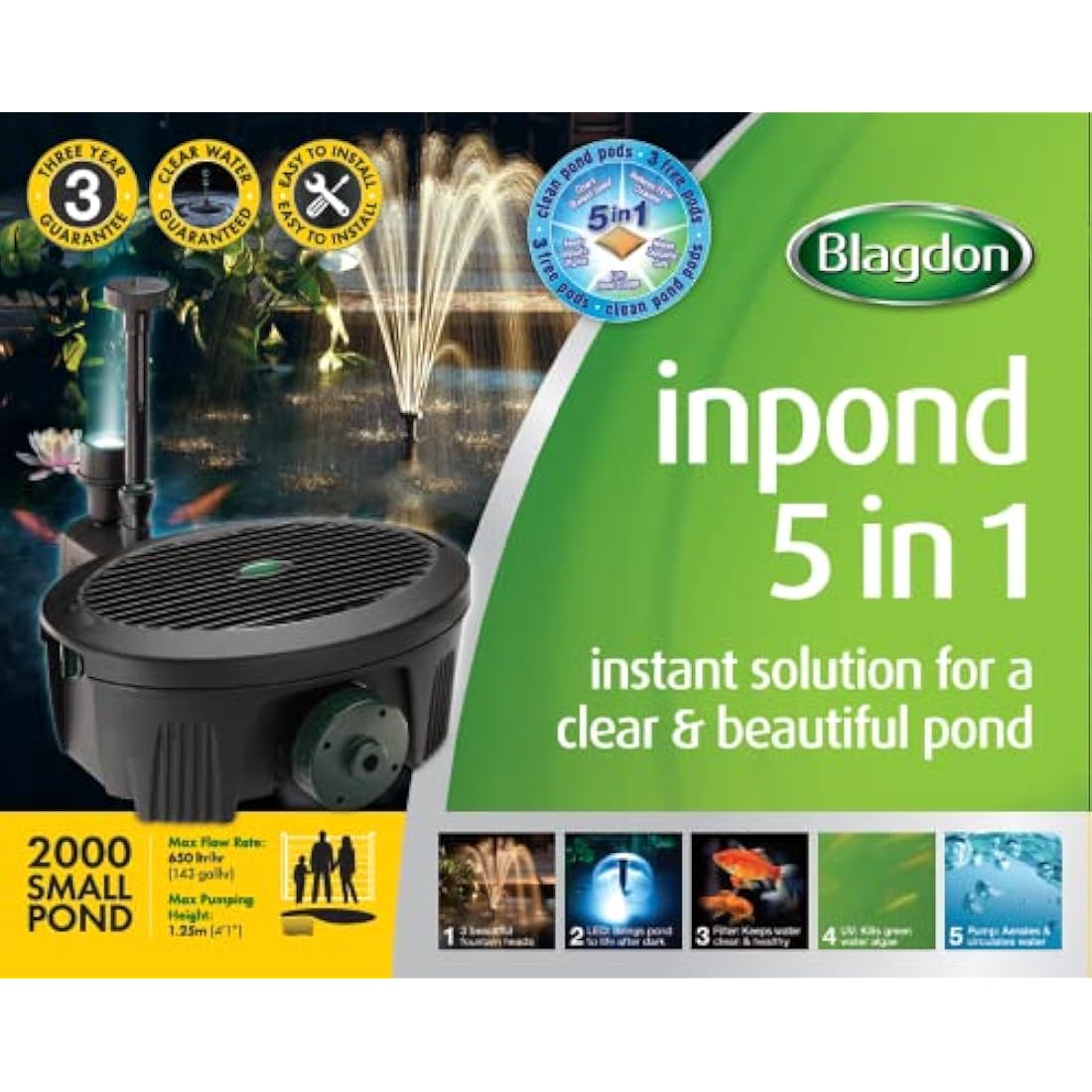 Blagdon Inpond 5-in-1 2000 Easy Care Clean Pond Solution, 10w Pond Pump & Filter with UV Clarifier for Algae Control and Clear Water, LED Light, 3 Fountain Heads, for Ponds Up to 2,000L, Black