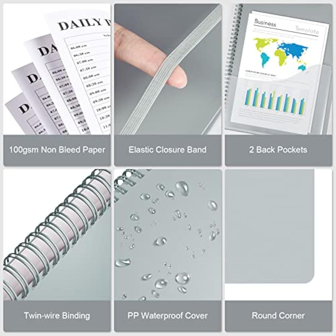Planner Undated, Asten Daily Planner Agenda with to Do List, Hourly Schedules for Women and Men, Spiral Appointment Book with Elastic Closure, Inner Pocket 21.6 x 28cm (Gray)