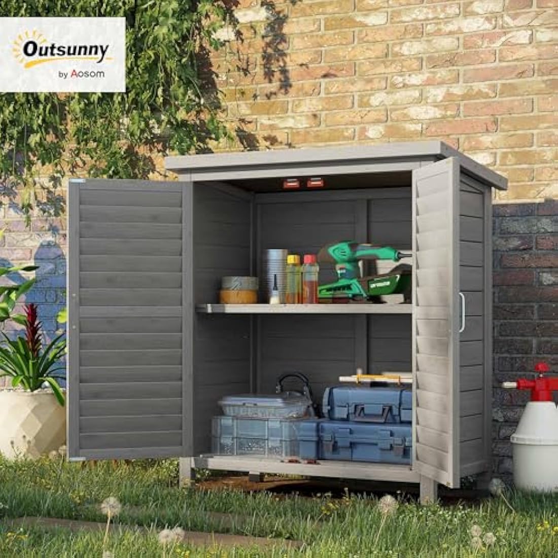 Outsunny Garden Shed Wooden Garden Storage Shed 2 Door Unit Solid Fir Wood Garage Tool Organisation Cabinet, 87L x 46.5W x 96.5Hcm, Grey