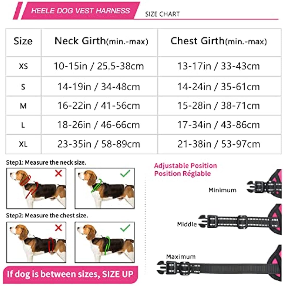 HEELE No Pull Dog Harness, Release on Neck, Reflective Adjustable with Front Back 2 Leash Attachments and Soft Padded Control Handle for Small Medium Large Dogs, Fuchsia, XL