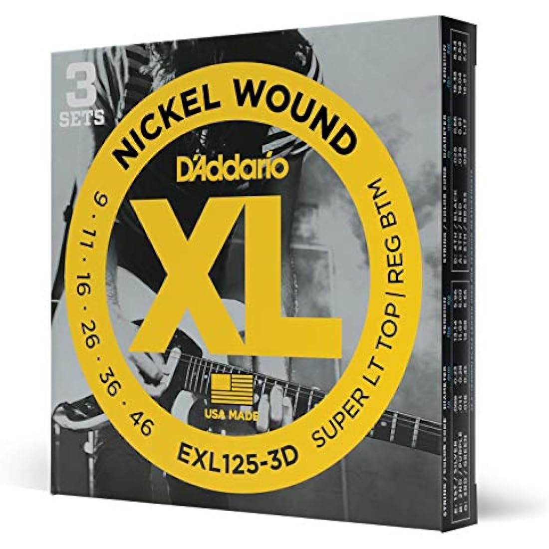 D'Addario Electric Guitar Strings, XL Nickel, EXL125-3D, Super Light Top/Regular Bottom Gauge 9-46, 6-String Set, Pack of 3