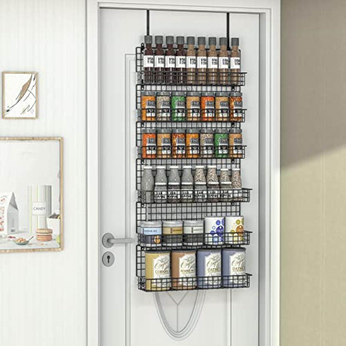 JKsmart 6-Tier Spice Rack Organizer with Door Hook, Wall Mounted & Over the Door Spice Racks for Kitchen Pantry Door Cabinet, Two Size, Large Capacity, Black