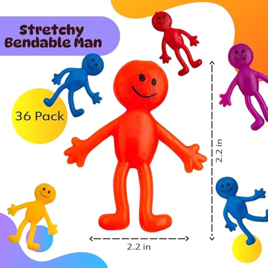 Stretchy Sticky Men (36 Pack) Assorted Fun Colours, A Sticky, Stretchable, Slimy, Gooey Texture, Toy for Stress Anxiety Relief, Great Party Favours, Stocking Fillers