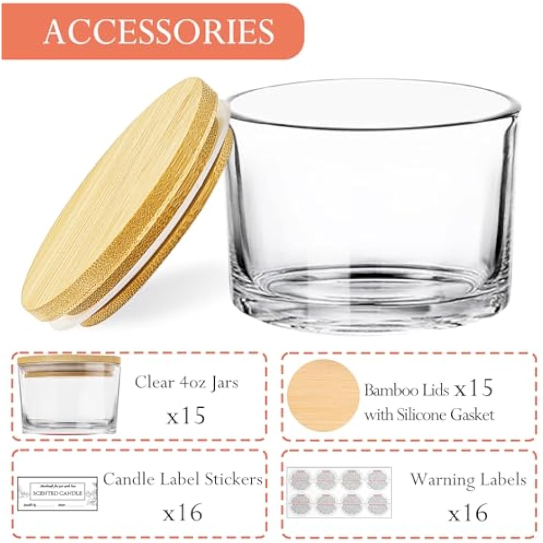 CONNOO 15 Pack 4 OZ Clear Glass Candle Jars with Airtight Bamboo Lids, Bulk Small Wide Mouth Empty Candle Containers with Sticky Warning Labels - Dishwasher Safe