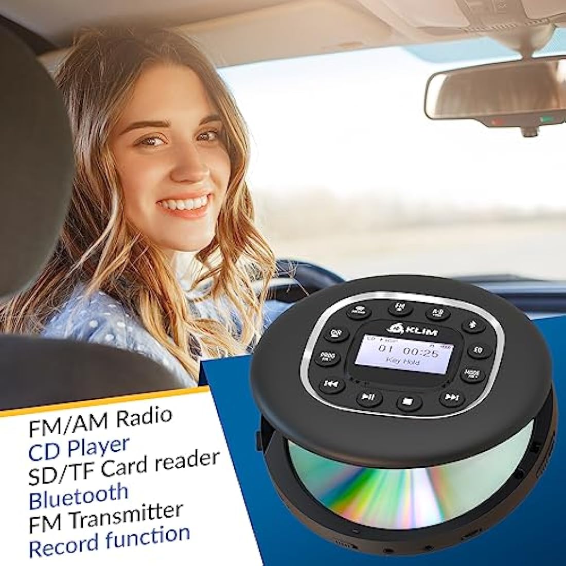 KLIM Journey - Portable CD Player with Long-Lasting Battery - New - with Headphones - Radio FM - Compatible MP3 CD Player Portable - SD Card, FM Transmitter, Bluetooth - Ideal for Cars - Black