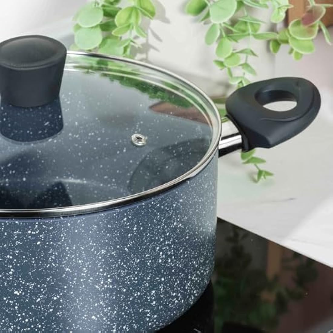 Russell Hobbs RH03410EU7 Nightfall Stone 28cm Stockpot - Non-Stick Saucepan, Tempered Glass Lid, Induction Safe, Durable Aluminum Cookware, Soup Pan, Easy Clean