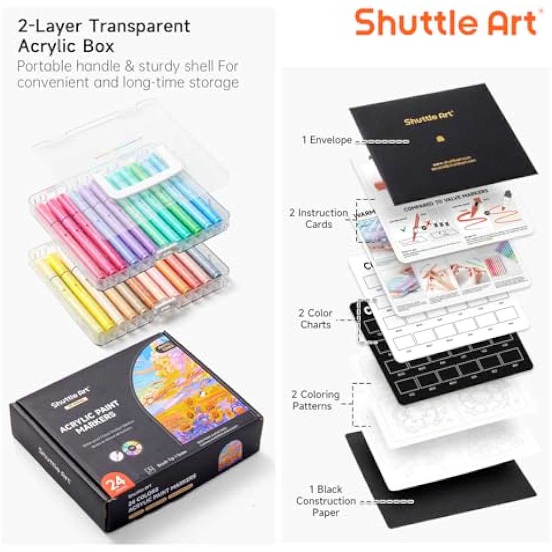 Shuttle Art Automatic Ink Control Acrylic Paint Pens, 24 Pastel Colours Brush Tip Paint Marker Pens, Paint Pen for Rock Painting Ceramic, Wood, Glass, Stone, Art Marker Pen Set for DIY Art Supplies