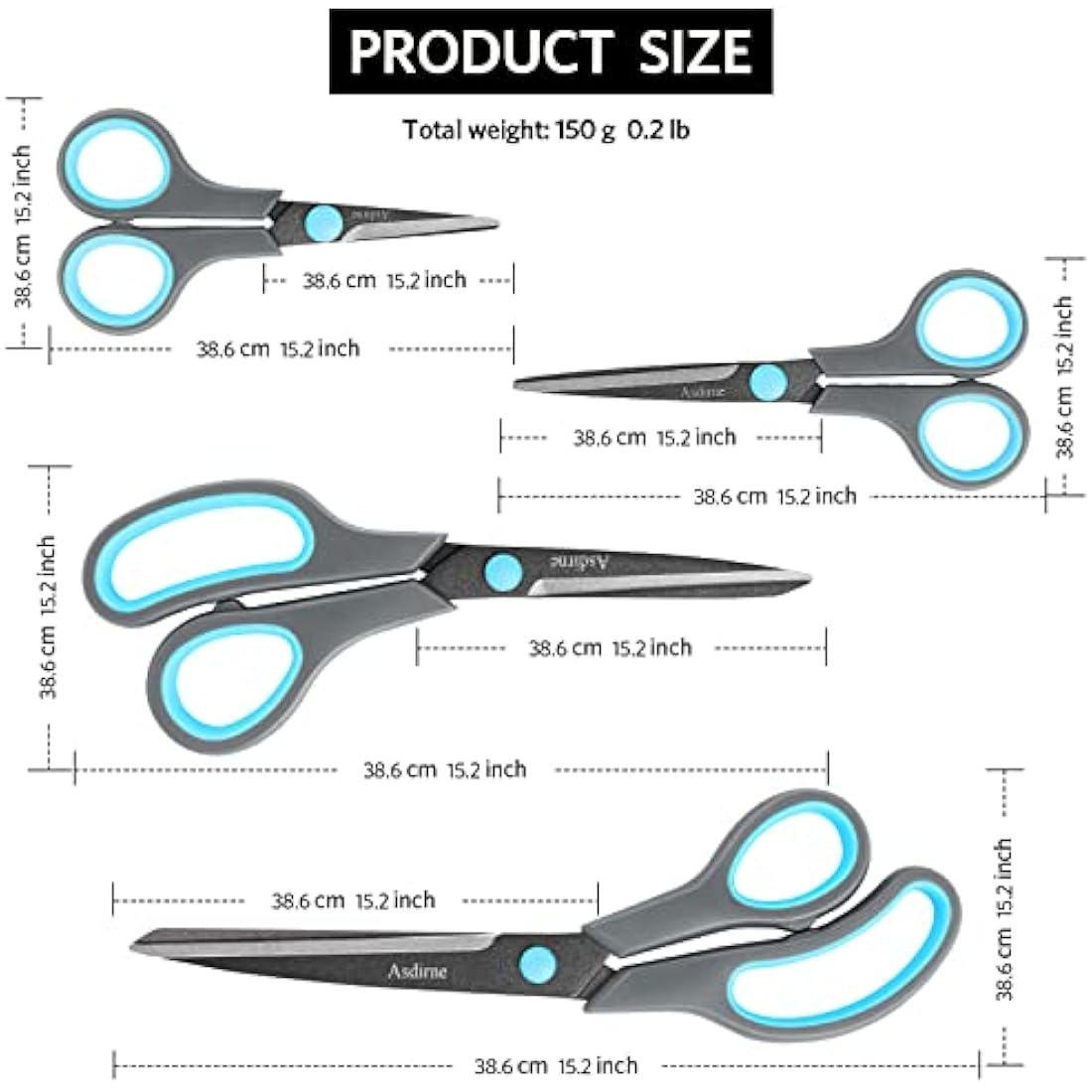 Asdirne Teflon Coating Scissors Set of 4, Non-Stick Scissors All Purpose, Premium Stainless Steel Razor Blades, Ergonomic Semi-Soft Rubber Grip, 10/''/8.5/''/6/''/5/'', Blue&Gray
