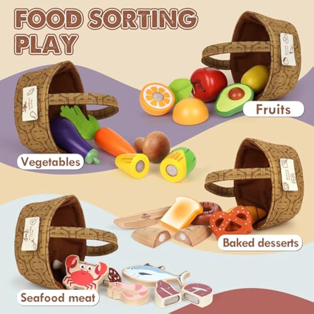 Lehoo Castle Wooden Play Food, Toy Food for 3 Year Old Girl Gifts, Food Groups with 4 Fabric Baskets, Toy Food Set for Kids Kitchen, Play Kitchen Accessories for Boy or Girl 3+