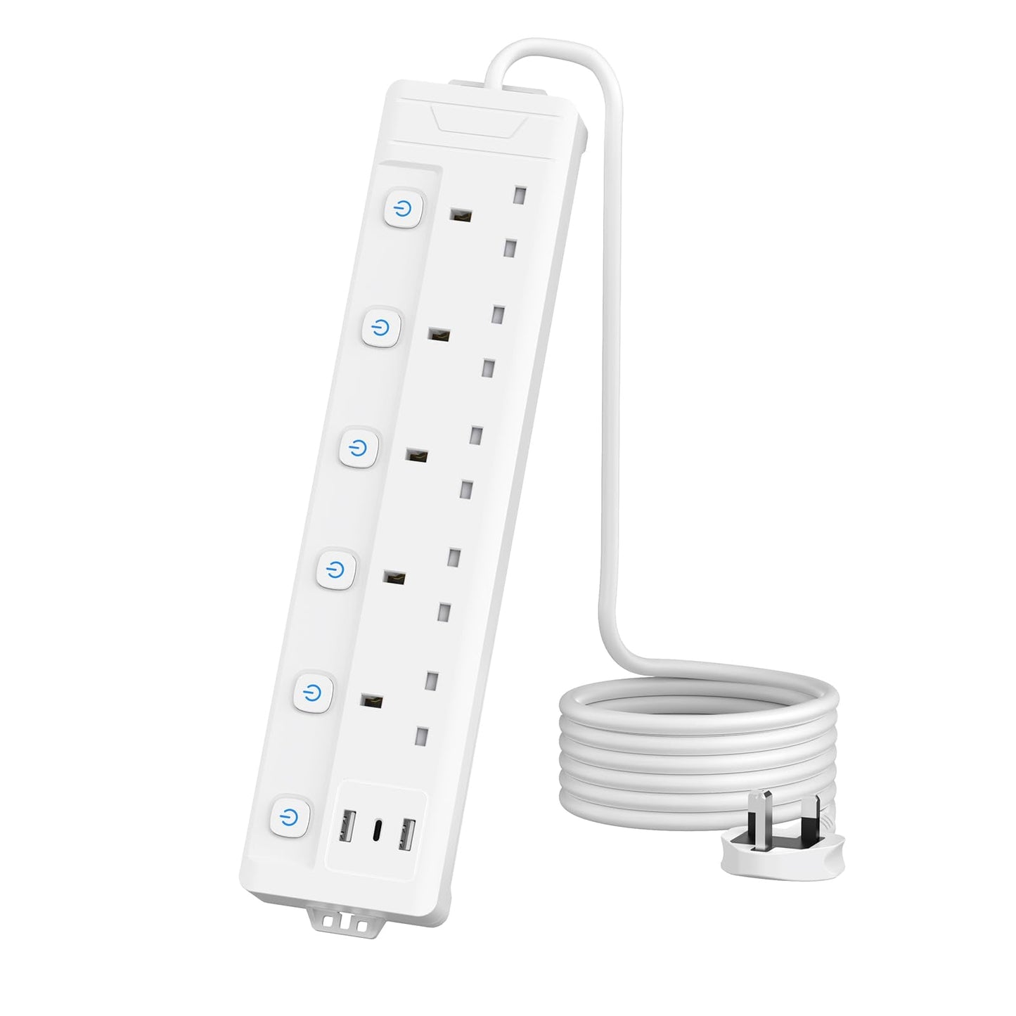 2M 5 Gang Extension Lead with 3 USB Slots (2 USB-A,1 USB-C), Individually Switched Extension Lead with USB Slots, White 2 Metre Extension Lead, For