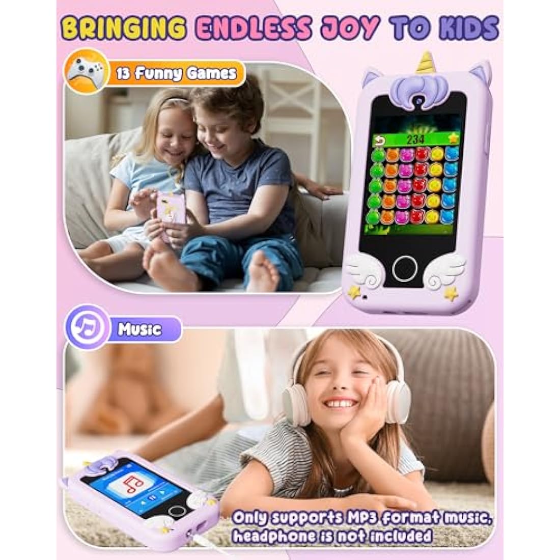 UCIDCI Kids Phone for Girls Toy Phone with Dual Camera, Toddler Mini Phone Toys with Learning Games, Travel Toys with MP3 Music Player for Christmas, Birthday Gifts for 3 4 5 6 7 Year Old Boys