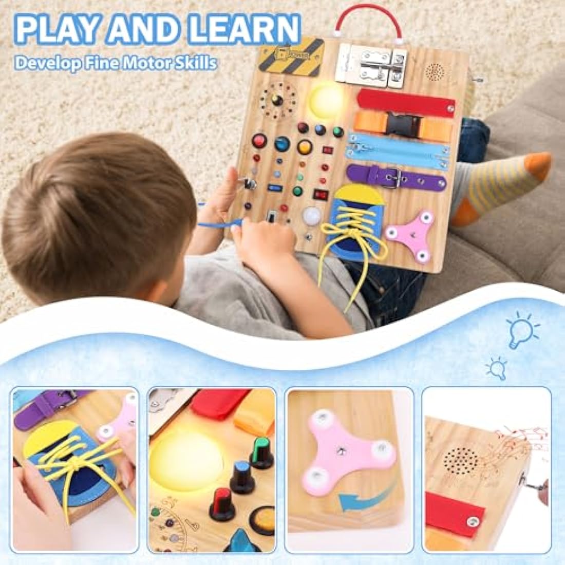 Konijiwa 23 in 1 Toddler Toys Montessori Busy Board for 1 2 3 Year old Boys Girls Wooden Toys with With 15 Switches, 26 LED Lights Switch, Music boxes, zippers Sensory Learning Toys