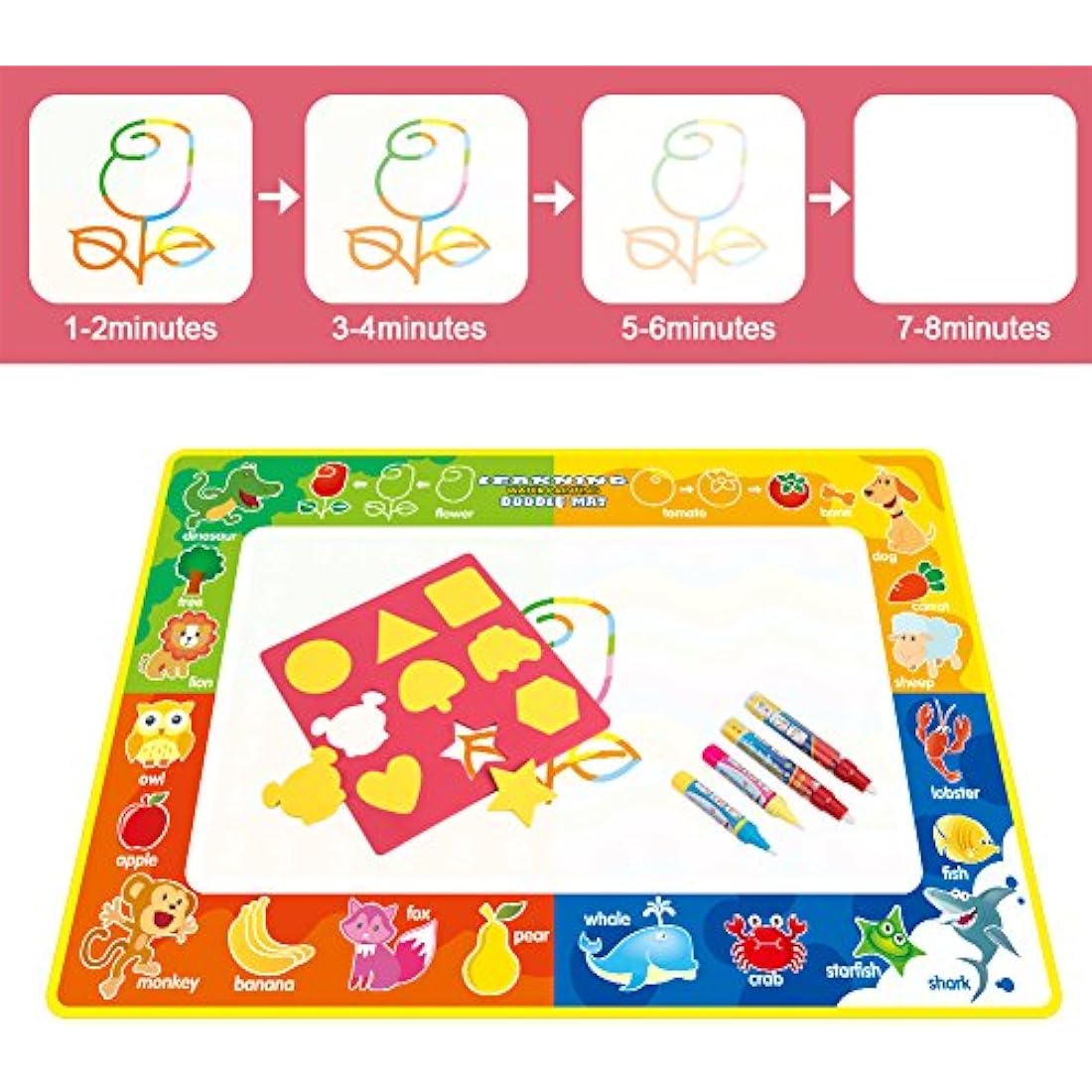 Vidillo Water Doodle Mat, Water Drawing Mat Kids Toys Large Magic Toddlers Painting Board Writing Scribble Boards with 4 Magic Pen and Draw Templates for Boys Girls Size 29 x 19 inch (Fruit)