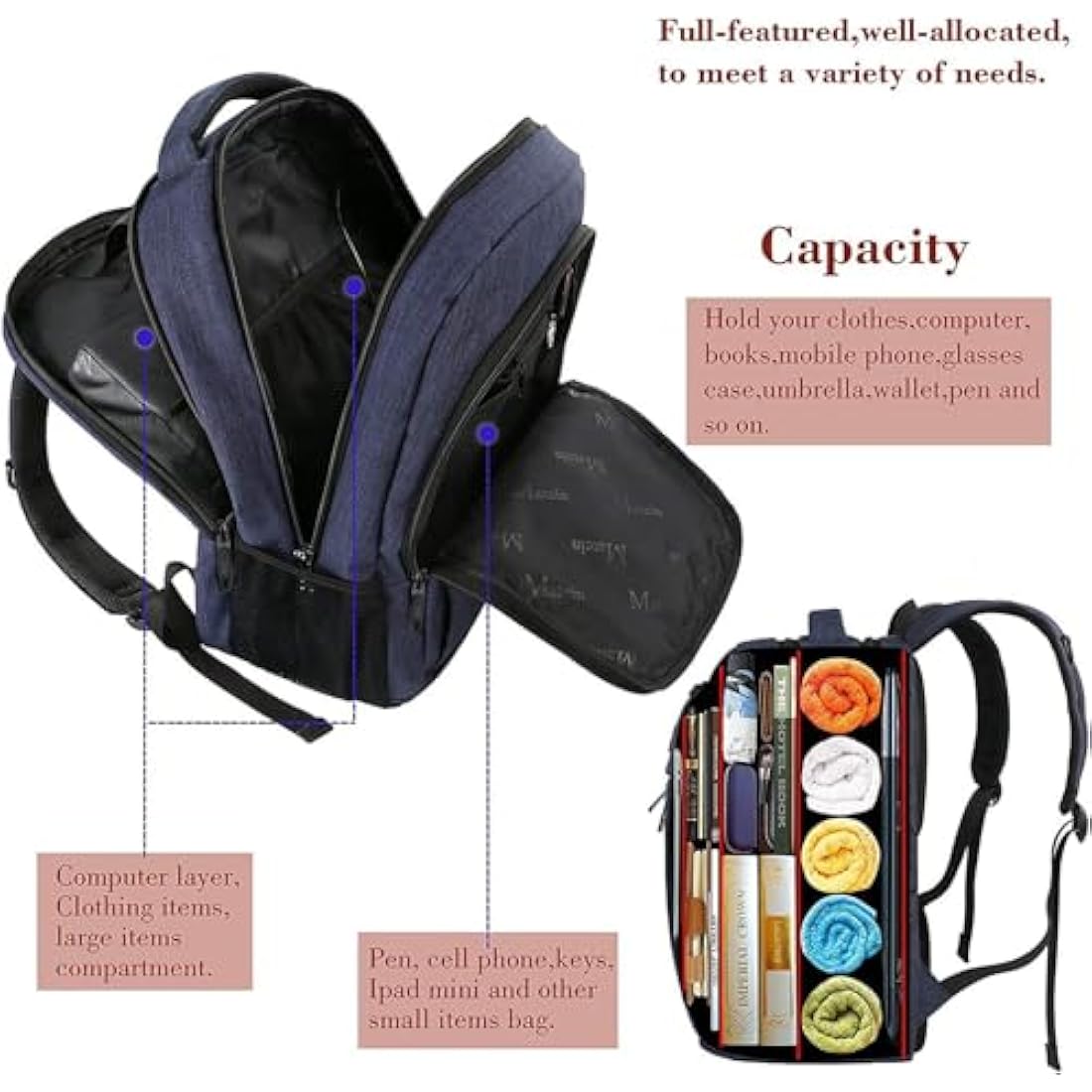 MATEIN Travel Laptop Backpack 15.6, Slim Laptop Rucksack with USB Charging Port Anti Theft Computer Backpack Bag Water Resistant College Work Daypack Lightweight Bag, Navy Blue