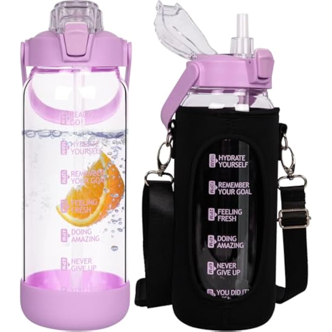 Seekua 2l Glass Water Bottle with Straw & Motivational Time Markings 2 litre Large Leakproof Gym Drinking Bottle