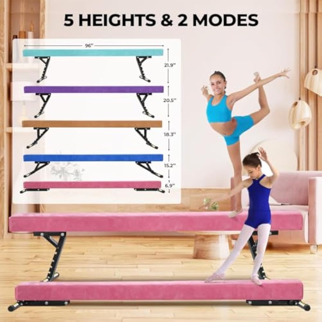 SportBob Gymnastics Beam 8ft High and Low Floor Balance Beam with 5 heights Adjustable, Gymnastics Balance Beam for Kids Children Girls Training, Home Gym Equipment for All Gymnastic