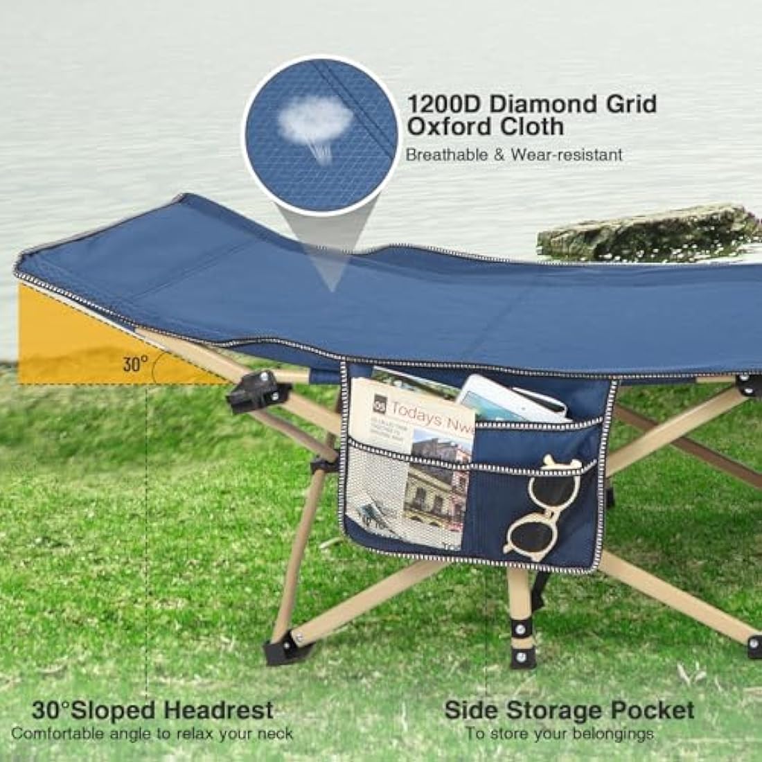 REDCAMP Folding Camping Beds for adults, Heavy Duty Sturdy Camp Bed with Mattress, Stronge Thicker Tubes Sleeping Cot Outdoor Travel Office (Navy Blue Camping Bed+Blue Mattress Thicker)