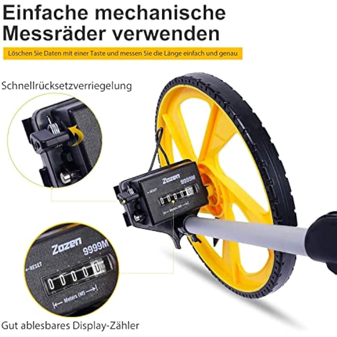 Zozen Measuring/Trundle Wheel in meters-3-Piece, Foldable | Metric Units [Up to 9,999.9m], Rolling Measurement with Carrying Backbag, One Key to Reset/Kickstand to Keep Stand | Starting Point Arrow.