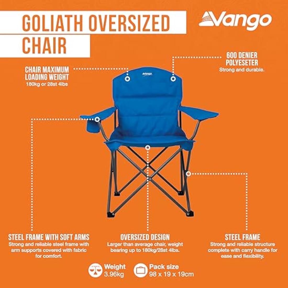 Vango Goliath X-Large Padded Camping Chair for Adults, Extra Wide Seat with Insulated Drinks Holder, Folding Garden Chair for Outdoors, Fishing, Beach, Blue