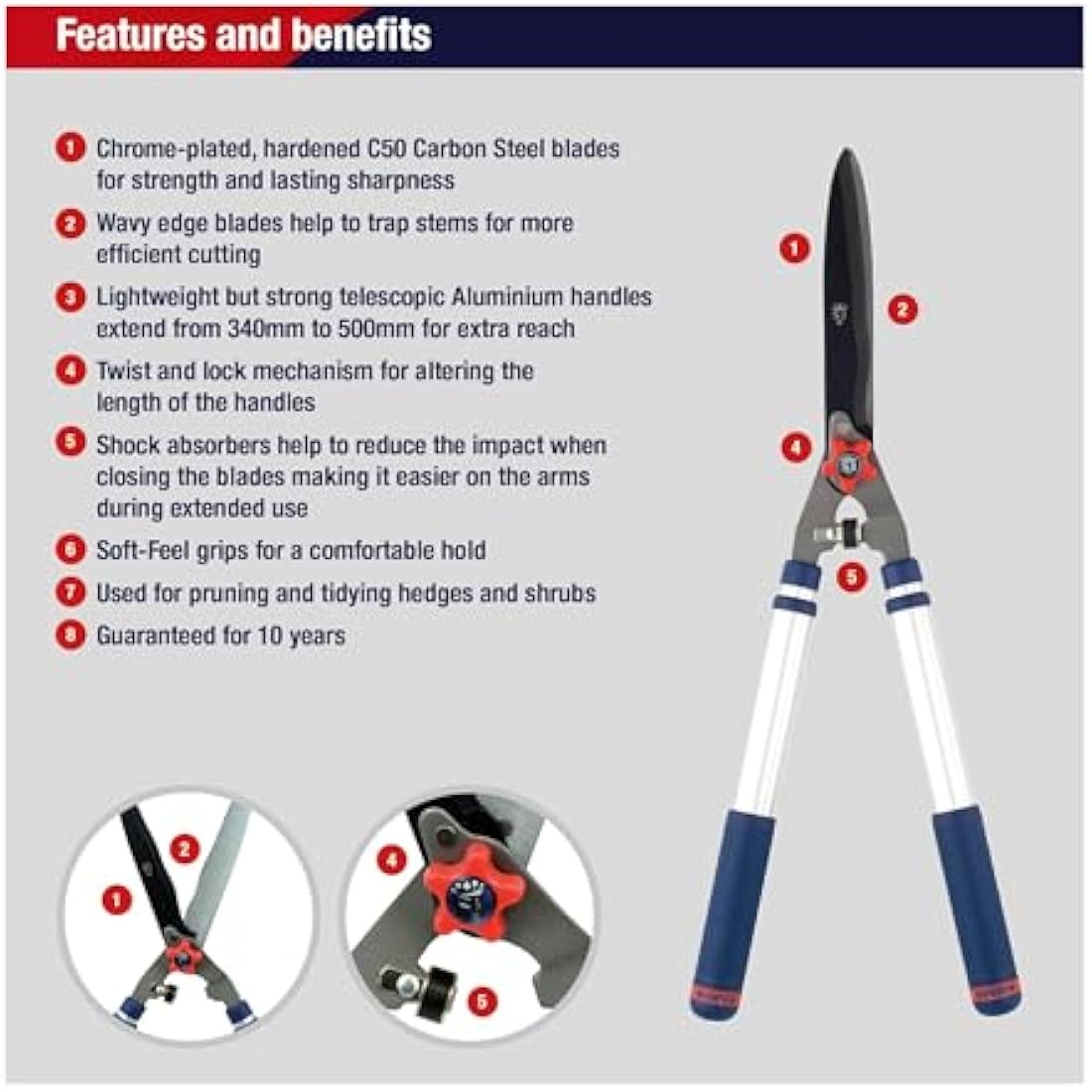 Spear & Jackson 8120RS Razorsharp Telescopic Hedge Shears, Blue