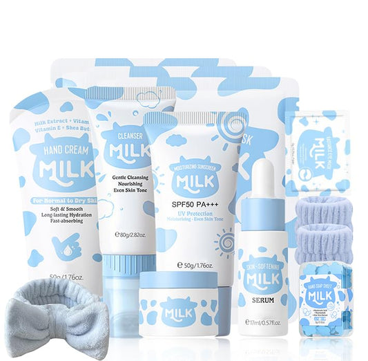 Milk Skin Care Sets&Kits, Milk Beauty Gift Sets for Teenage Girls, Skin Pamper Gifts, Facial Skincare Kit with Cleanser,Serum,Cream,Eye & Face Mask,
