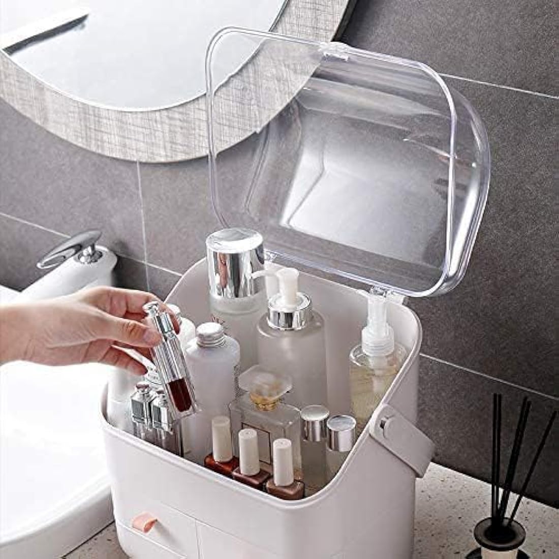 LINFIDITE Cosmetic Storage Box with Lid Makeup Organizer Box with Dust Free Cover Portable Handle,Large Makeup Display Case with Drawers Fully Open Lid,Great for Bathroom Countertop Bedroom Dresser