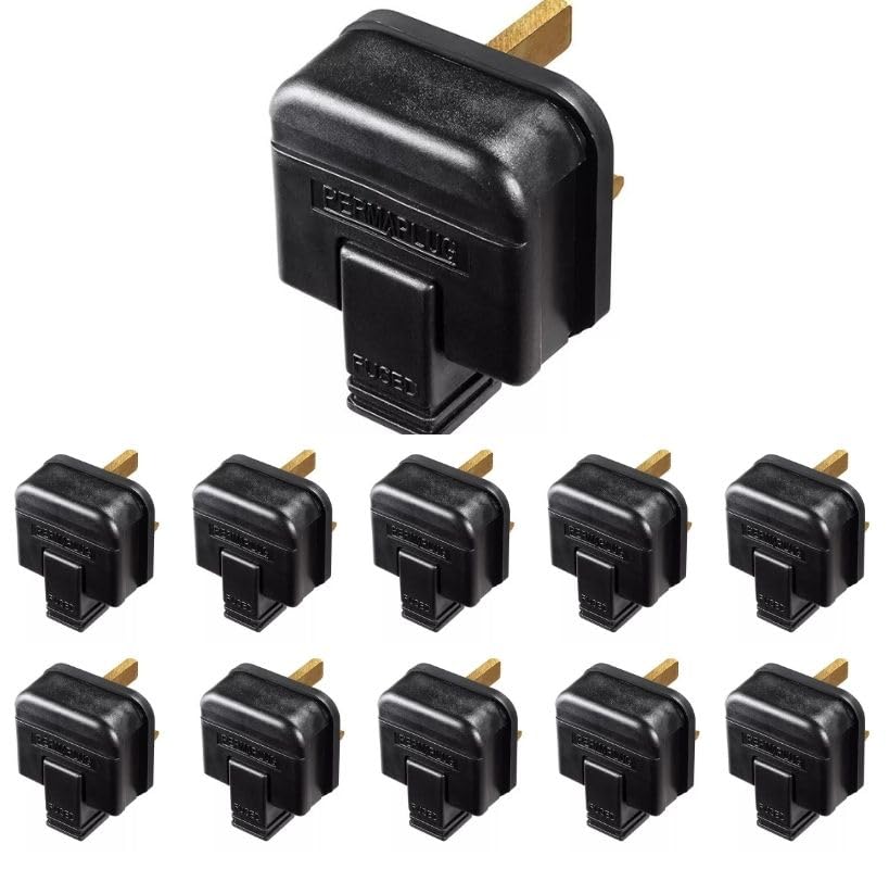 Heavy Duty Rubber 3 Pin Plugs, UK Plug 13A [Black], Rewireble Permaplug, Manufactured to BS1363-2, Pack of 10