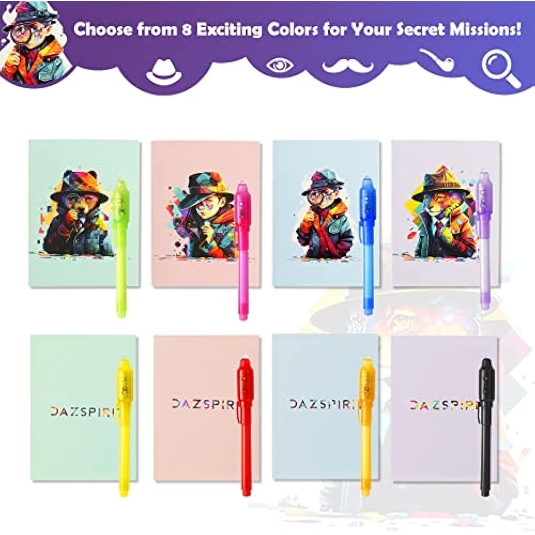 DazSpirit 16 Packs Invisible Ink Pens and Notebooks - Detective Theme, UV Light Spy Pens Party Bag Fillers for Boys and Girls, Magic Secret Message Pens for Detective Parties, Treasure Hunt