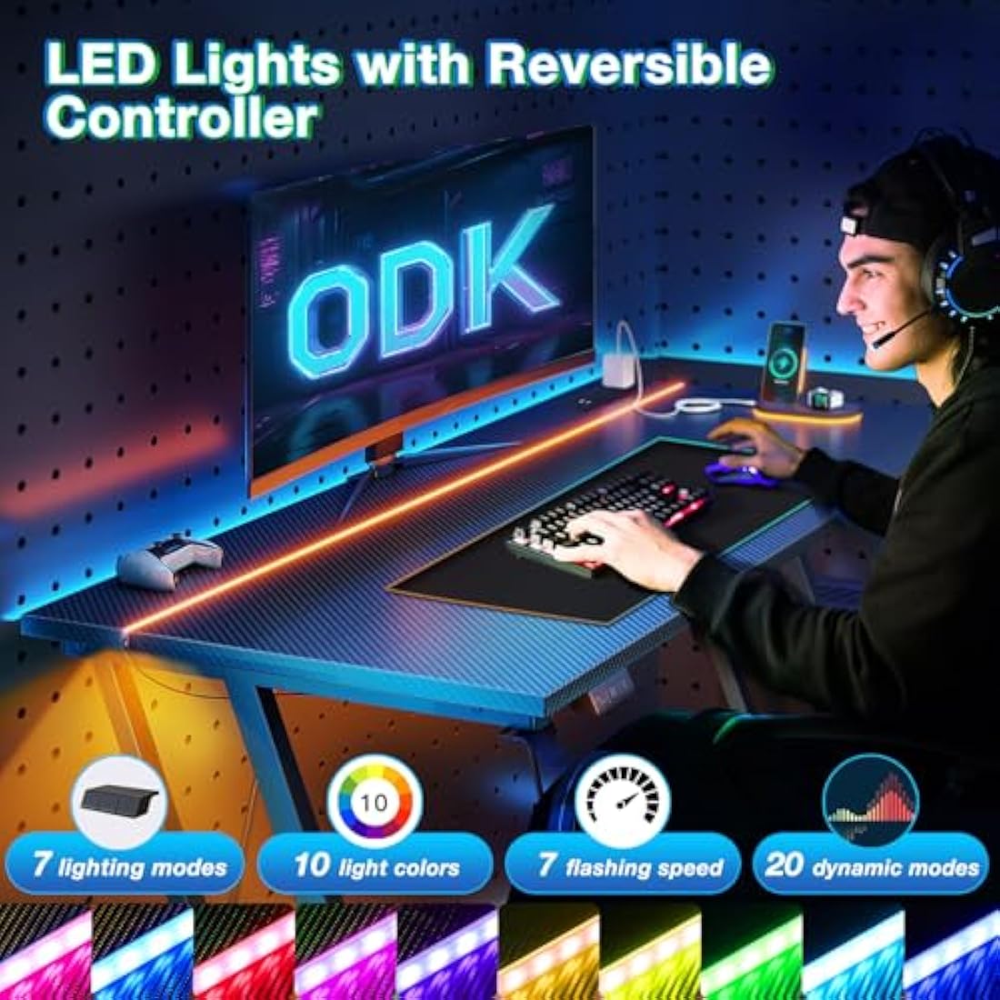 ODK Gaming Desk with LED Lights & Power Outlet, Gaming Table with Cup Holder and Headphone Hook, Double Z Frame Design Computer Desk, Carbon Fiber Black 100 cm