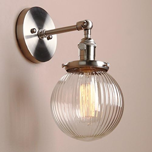 PathsOn 15cm Industrial Modern Vintage Retro Wall Lights, Loft Bar Kitchen Sconce Lights Lamp Fixture with Ribbed Globe Clear Glass Light Shade(Brushed)