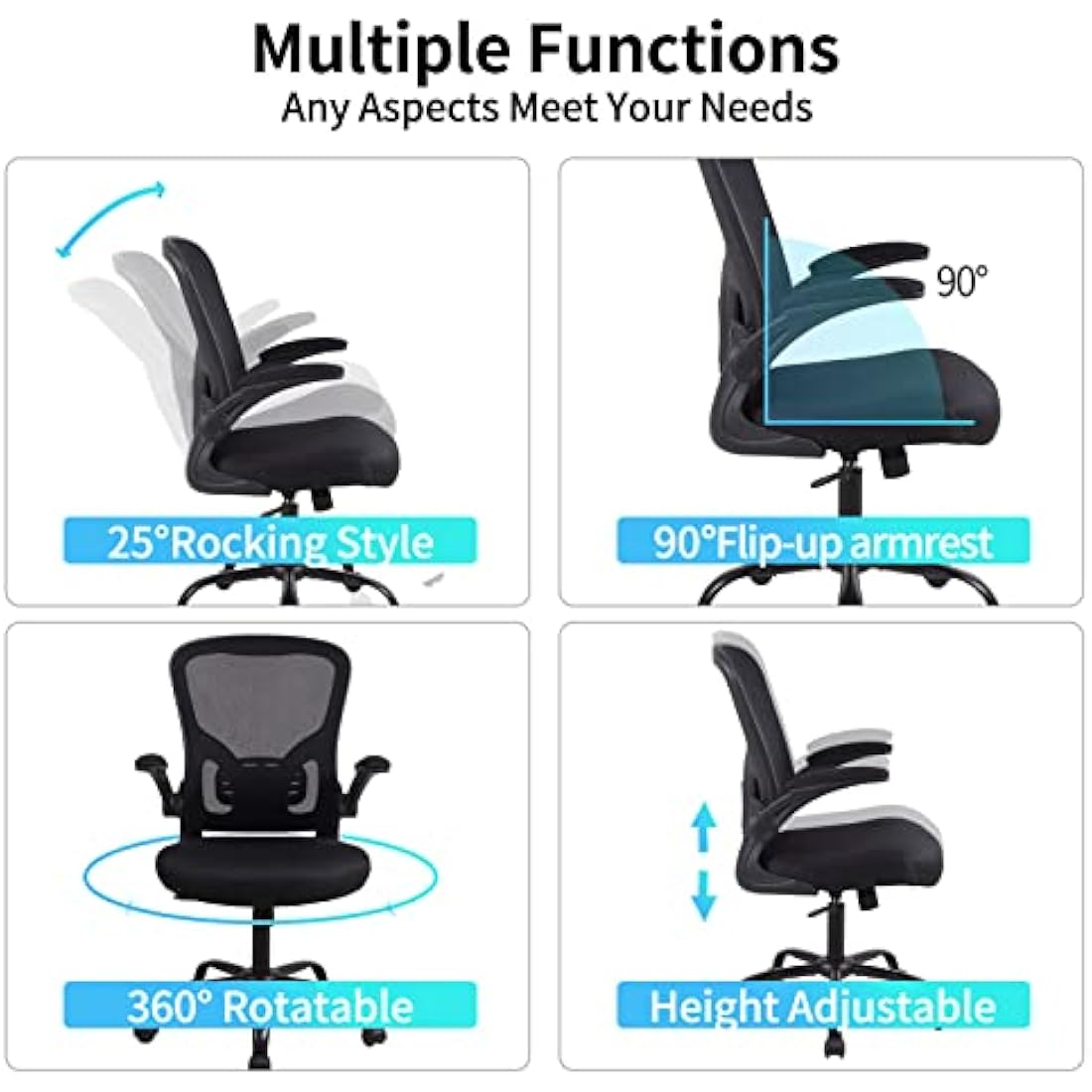 Youhauchair Office Chair, Breathable Mesh Swivel Desk Chair, Lumbar Back Support Ergonomic Office Chair, Computer Chair Office Chairs with Flip-up Armrests, Black